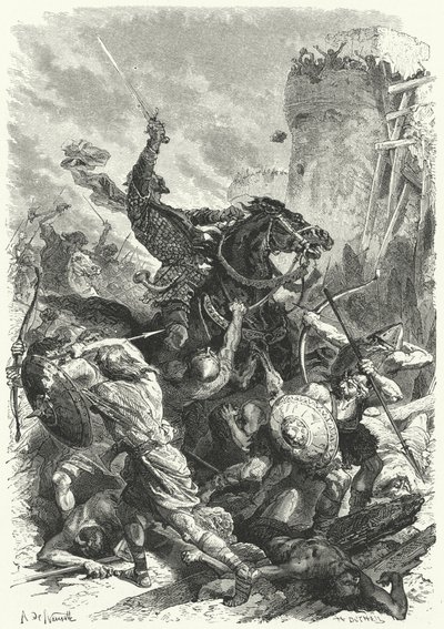 Graaf Odo verdedigt Parijs tegen de Noormannen, 886 door Alphonse Marie de (after) Neuville