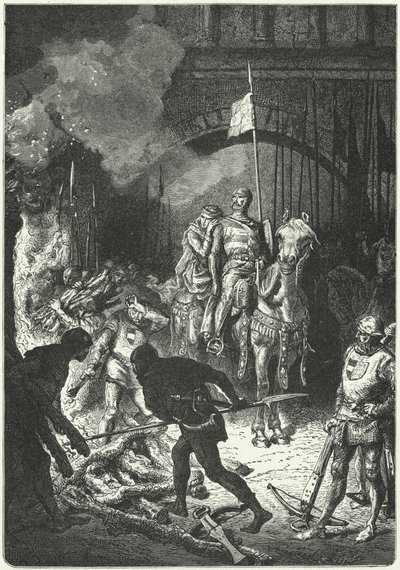 El Cid, vergezeld door zijn vrouw Dona Jimena, houdt toezicht op de bouw van de brandstapel van Ahmed, Moorse koning van Valencia door Alphonse Marie de (after) Neuville