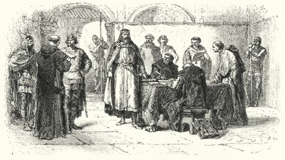 Afkondiging van het katholicisme als de religie van het Gotische Koninkrijk in Spanje op het Derde Concilie van Toledo, 589 (gravure) door Alphonse Marie de (after) Neuville