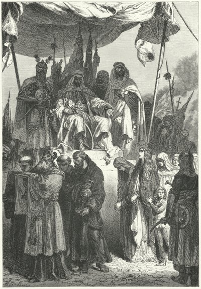 Saladin kijkt toe hoe gevangen christenen voorbijgaan na zijn verovering van Jeruzalem door Alphonse Marie de (after) Neuville
