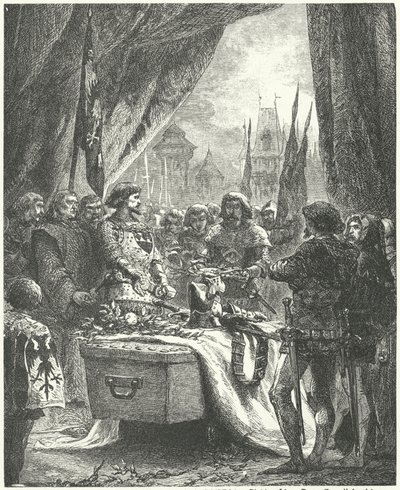 De commandant van Chateauneuf de Randon legt de sleutels van de stad op de kist van Bertrand du Guesclin door Alphonse Marie de (after) Neuville