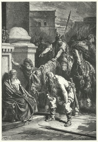 De dood van Romeinse consul Marcus Papirius tijdens de Gallische plundering van Rome, 387 v.Chr. door Alphonse Marie de (after) Neuville