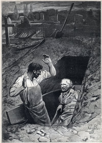 Een opstanding is bijna net zo beangstigend als een dood: Fauchelevent en Jean Valjean - Illustratie door Alphonse de Neuville (1836-1885) voor 