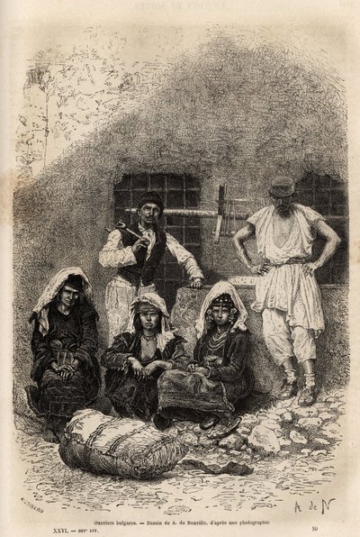 Bulgaarse arbeiders, nabij Sophia, gravure naar de tekening van A. De Neuville, ter illustratie van de reis naar Bulgarije, door Guillaume Lejean, in 1867, gepubliceerd in 