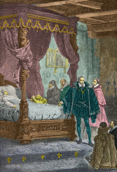 Gaspard de Coligny voor het sterfbed van François 2 in 1560 (Gravure) door Alphonse Marie de Neuville