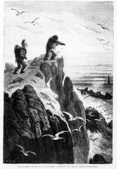 Hans in 1860, ontdekt het schip van Hayes - tekening van Neuville door Dr. Hayes in 