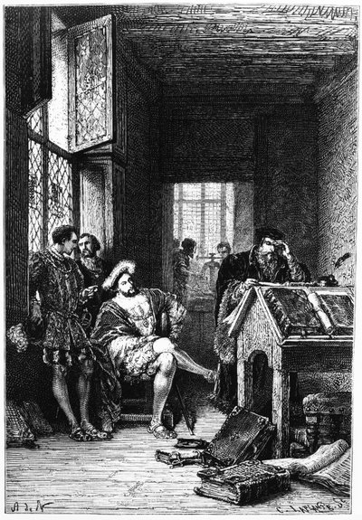 Koning Frans I van Frankrijk in de werkplaats van Robert Estienne, prent gemaakt door C. Laplante, illustratie uit 