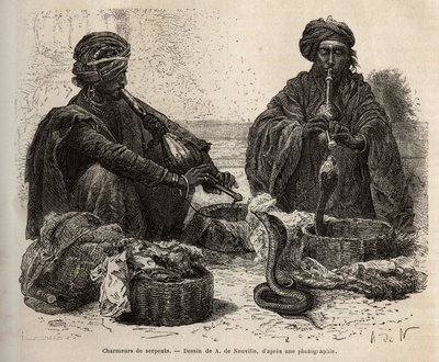 Les charmeurs de serpents, die handelen in reptielen, die ze aantrekken door in hun toumril (fluit) te blazen, gravure naar de tekening van A. de Neuville, ter illustratie van de reis naar India van de Rajahs, in 1864-1868, door Louis Rousselet, gepublicee door Alphonse Marie de Neuville