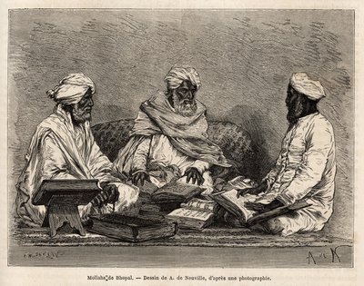 De mullahs van de moskee van Bhopal, in volledige discussie over de betwiste punten van de moslimreligie, gravure naar de tekening van A. de Neuville, ter illustratie van de reis in India van de Rajahs, in 1864-1868, door Louis Rousselet, gepubliceerd in 