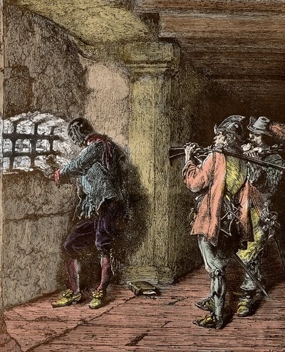Man met het IJzeren Masker - Voorstelling van het IJzeren Masker (d. 1703) gevangen op het eiland Sainte Marguerite door Alphonse Marie de Neuville