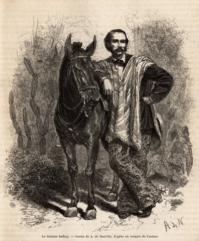 Portret van Dr. Saffray, gewapend op zijn rijdier, in reiskleding, gravure naar de tekening van A. de Neuville, ter illustratie van de reis naar Nieuw-Granada, door Dr. Saffray, 1869, gepubliceerd in 