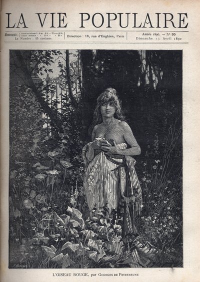 Een naakte jonge vrouw, staand en met los haar, bedekt haar lichaam met een deken, omringd door vegetatie en bomen die een smeedijzeren hek maskeren. Illustratie door Alfons Maria Mucha door Alphonse Mucha