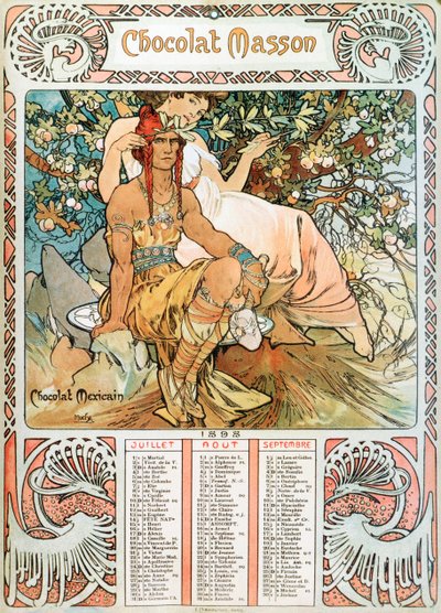 Kalenderpagina van het jaar 1898 met een reclame-illustratie door Alphonse Mucha voor de chocolades Masson door Alphonse Mucha