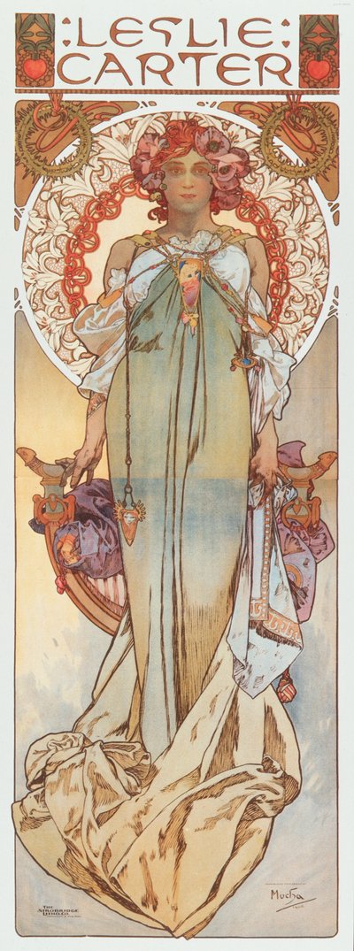 Reclameillustratie door Alphonse Mucha die toneelactrice Leslie Carter voorstelt in haar nieuwe stuk 