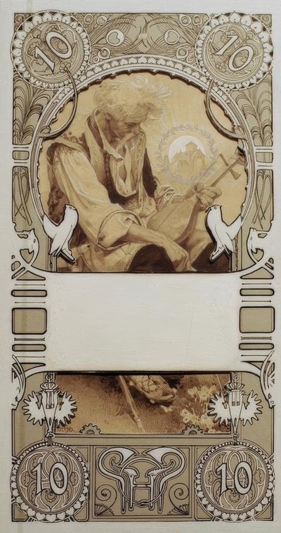 Postzegelontwerp in twee delen door Alphonse Mucha