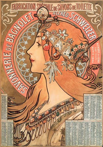 Kalenderpagina van het jaar 1898 met een reclame-illustratie door Alphonse Mucha voor de zeepfabriek Savonnerie de Bagnolet Alfred Schweizer door Alphonse Mucha