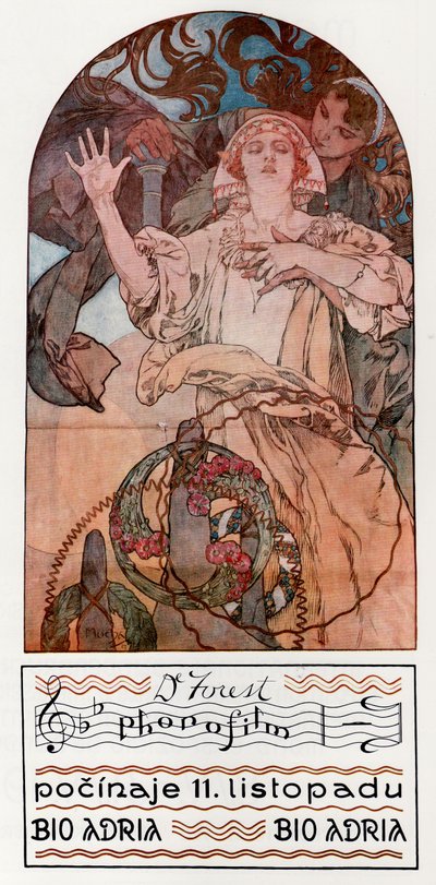 DeForest Phonofilm. Presentatie van een van de eerste muzikale geluidsfilms in de Adria in Praag, 1927 door Alphonse Mucha