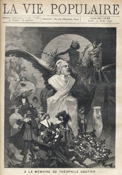 Ter nagedachtenis aan Theophile Gautier (1811-1872). Rondom een buste van de schrijver rennen de personages in kostuum van zijn werken met verdriet en waardigheid, onder het toeziend oog van een kind dat lauwerkransen kroont, rijdend op een gevleugeld paar door Alphonse Mucha