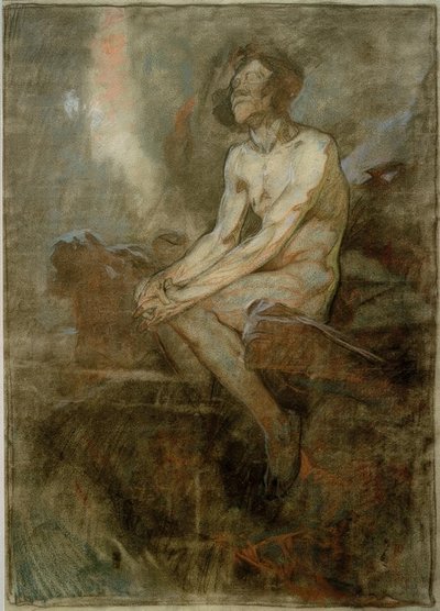 Mannelijk naakt zittend op een rots door Alphonse Mucha