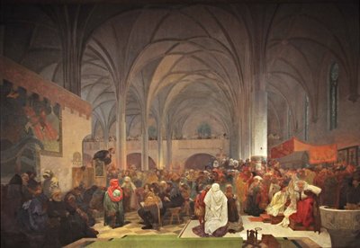Meester Jan Hus preekt in de Bethlehemkapel De cyclus Het Slavische Epos door Alphonse Mucha