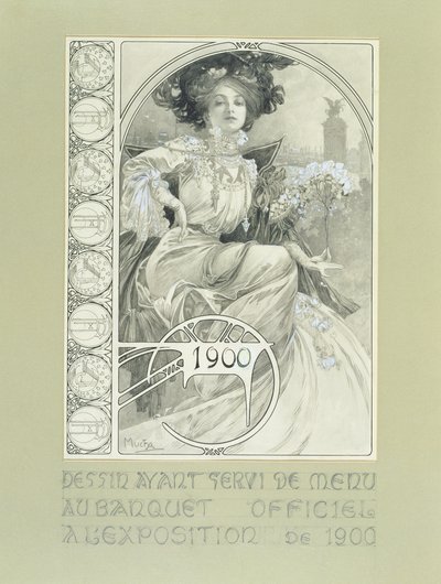 Officieel Banket van de Internationale Tentoonstelling van Parijs 1900. Ontwerp voor het menu door Alphonse Mucha