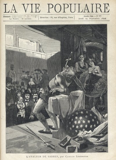 Op het podium van een reizend theater kijkt het publiek naar het nummer van een zwaardenslikker, aan de zijkanten, verborgen door het toneelgordijn, kijken twee artiesten glimlachend toe. Illustratie door Alfons Maria Mucha (Alphonse Marie Mucha door Alphonse Mucha