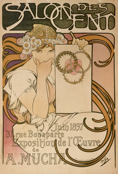 Poster voor Alphonse Muchas tentoonstelling in de Salon des Cent, Parijs, Frankrijk, 1897 door Alphonse Mucha