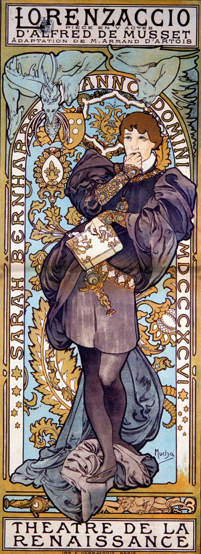 Poster voor Lorenzaccio Alfred de Musset, met Sarah Bernhardt, Parijs, 1896 door Alphonse Mucha