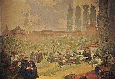 De druk van de Bijbel van Kralice in Ivancice De cyclus Het Slavische Epos door Alphonse Mucha