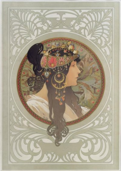 Byzantijns hoofd: Brunette door Alphonse Mucha
