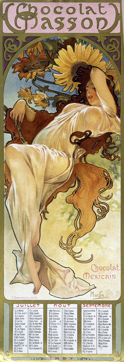 Vrouw in herfststemming - door Mucha, kalender Chocolat Mexicain Chocolat Masson, juli, augustus, september 1897 door Alphonse Mucha