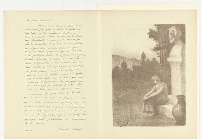 Illustratie met vrouw zittend bij buste van man en waterkruik bij gedicht La jarre couronnée van Marcel Schwob door Alphonse Osbert