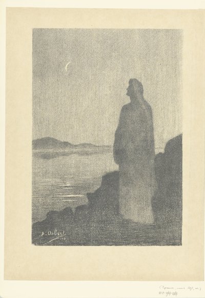 Staande vrouw bij waterkant kijkt naar maan door Alphonse Osbert