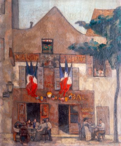 Uitzicht op de gevel van het beroemde Parijse restaurant in Montmartre, met vlaggen voor het raam en mensen aan een tafel door Alphonse Quizet