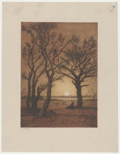 Landschap met schapen bij zonsondergang door Alphonse Stengelin (signed by artist)