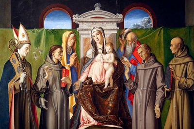 Madonna en Kind op de Troon met Heiligen Louis van Toulouse, Anthony van Padua, Anna, Joachim, Franciscus en Bernardino van Siena door Alvise Vivarini