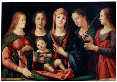 Madonna en Kind met Maria Magdalena, Sint-Catharina en twee Heiligen, 1504 door Alvise Vivarini
