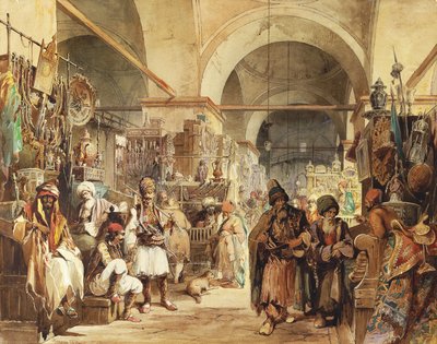 In de Bazaar, 1854 door Amadeo Preziosi