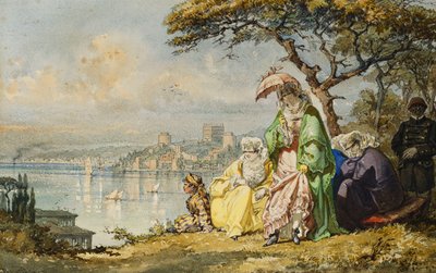 Dames op de Bosporus met Rumeli Hisar op de Achtergrond, 1873 door Amadeo Preziosi