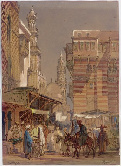 Marktdag op de Muizz id-Din li-Lah, oud Caïro, 1862 door Amadeo Preziosi