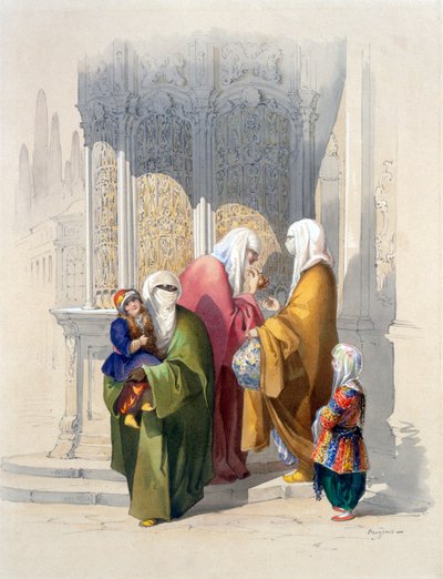 Straatscène met voorbijgangers, waaronder een arme zwarte Afrikaanse vrouw en kind, pub. 1865 door Amadeo Preziosi