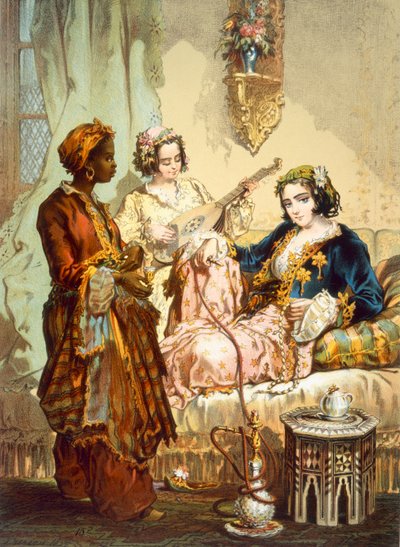 De Koffiekop: Twee vrouwen die koffie drinken en waterpijp roken, pub. 1865 door Amadeo Preziosi