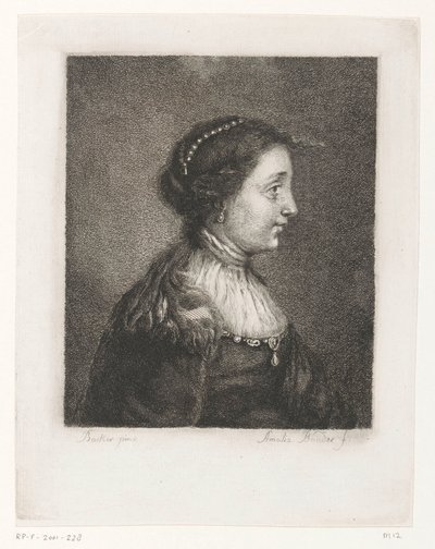 Borstbeeld van een vrouw met parels in het haar door Amalie Baader
