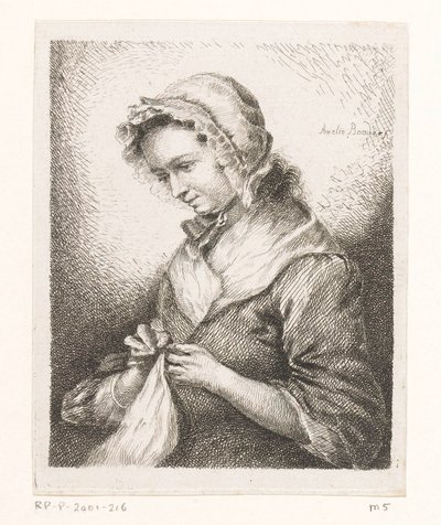 Portret van de vrouw van de kunstenaar Georg Friedrich Schmidt, naaiend door Amalie Baader