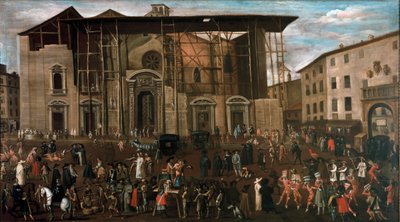 Zicht op Mercanti-plein met carnavalscènes door Amanzia Guerillot Inganni