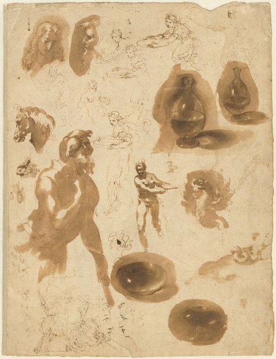Studies van Glazen Potten en Figuren (recto) door Ambrogio Figino