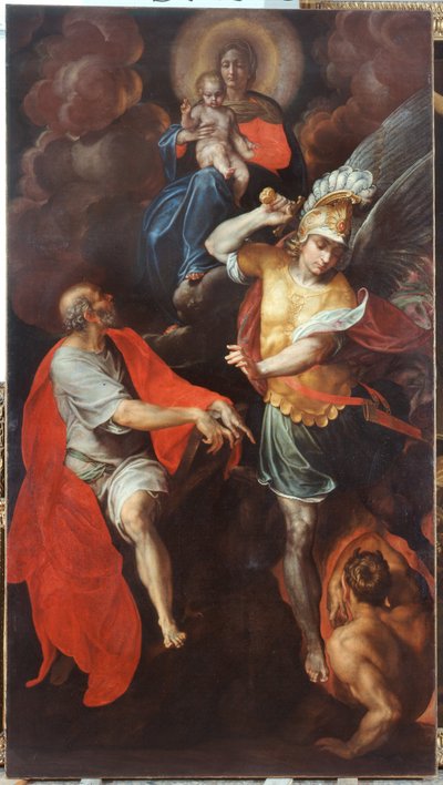 Madonna en Kind en St. Johannes de Evangelist en St. Michael door Ambrogio Giovanni Figino