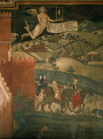 Een jachtpartij (muurschildering) door Ambrogio Lorenzetti