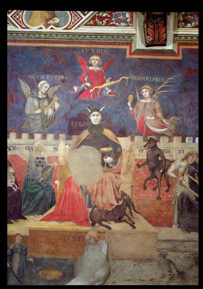 Allegorie van Slecht Bestuur, detail van Hebzucht, Trots, IJdelheid, Tirannie, Bedrog en Woede, 1338-40 door Ambrogio Lorenzetti