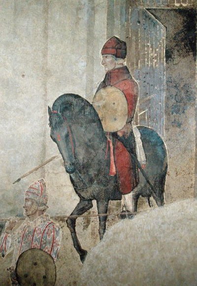 Allegorie van slecht bestuur, detail van een gewapende ruiter door Ambrogio Lorenzetti